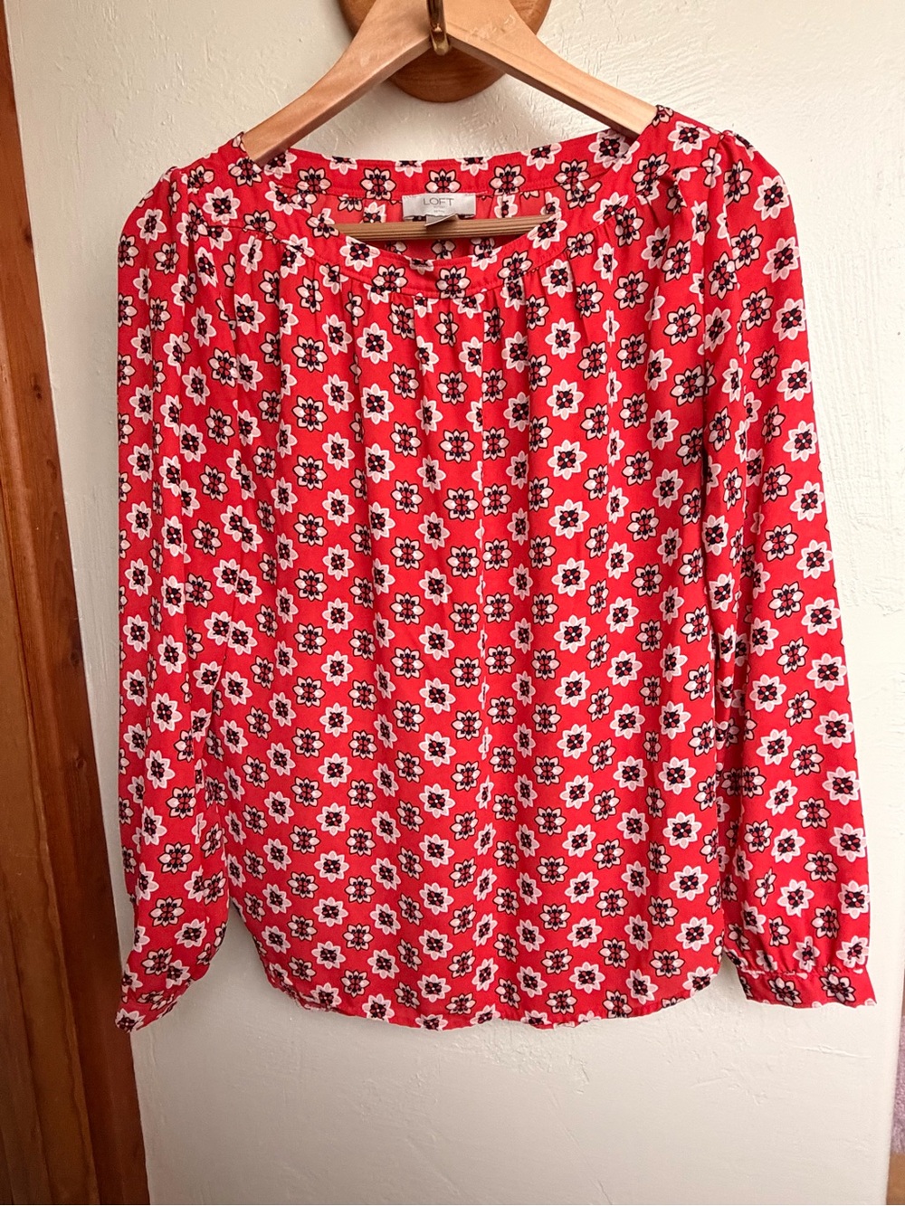 LOFT Red Floral Long-Sleeve Blouse